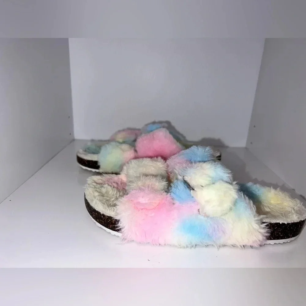 Faux fur pastel elastic double buckle slip on sandals, girls size 13/ 1 - Picture 4 of 10
